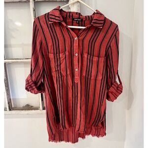 Dear John Raw Hem Striped Button Up Collared Roll Up Sleeve Shirt Size Small